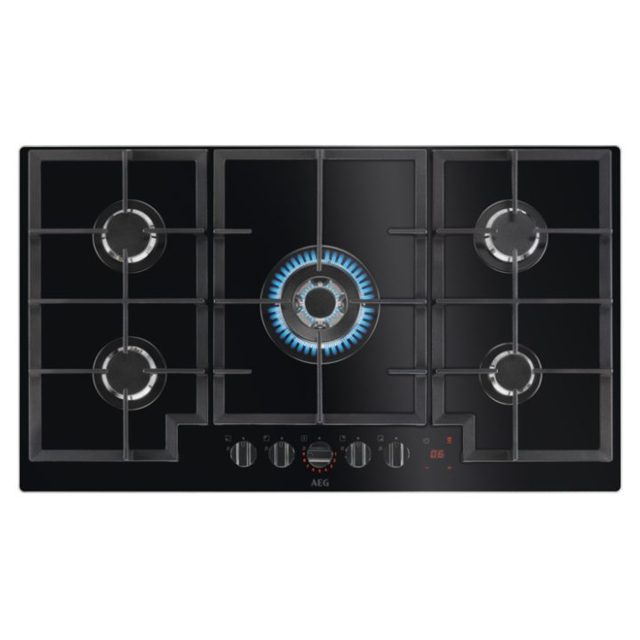 AEG 88cm Series 8000 5 Burner FlameLight Gas On Glass Hob HKB95450NB Black
