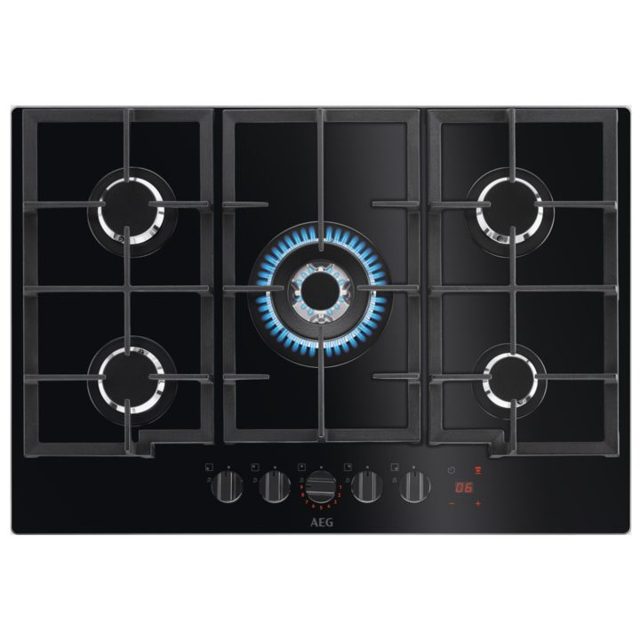 AEG 74cm Series 8000 5 Burner FlameLight Gas On Glass Hob HKB75450NB Black