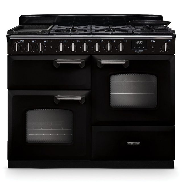 Rangemaster Classic Deluxe OC 110cm Dual Fuel Range Cooker Chrome Trim 14706 CLDLO110DFPGBL/CM1 Black