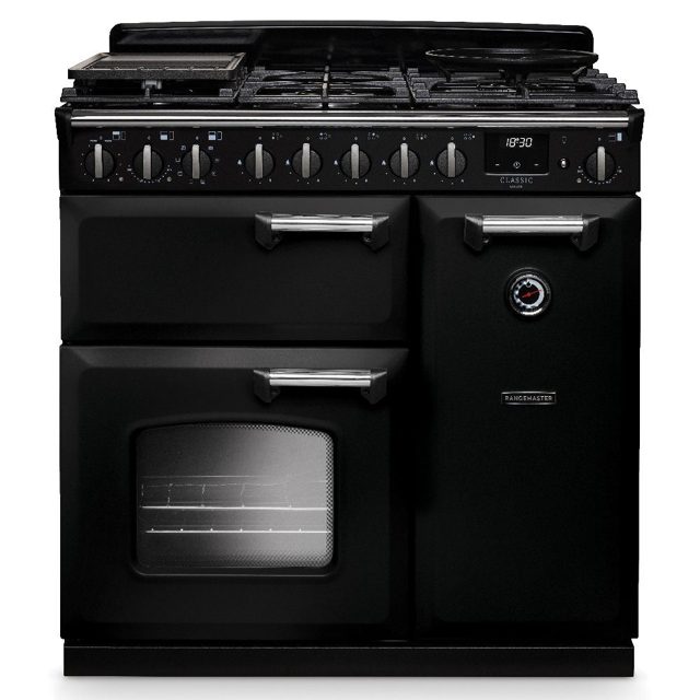 Rangemaster Classic Deluxe 90cm Dual Fuel Range Cooker Chrome Trim 14536 CLDL90DFPGBL/CM1 Black