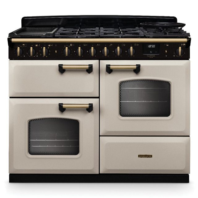 Rangemaster Classic Deluxe OC 110cm Dual Fuel Range Cooker Antique Brass Trim 18328 CLDLO110DFPPCR/AB1 Pale Cream