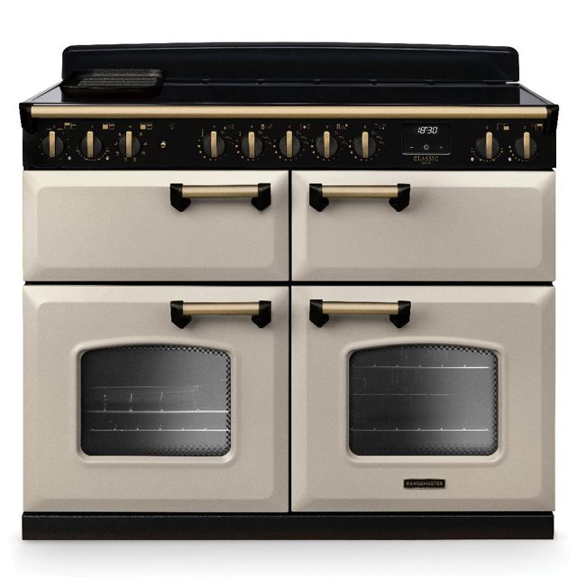 Rangemaster Classic Deluxe BC 110cm Induction Range Cooker Antique Brass Trim 18388 CLDLB110EIPPCR/AB1 Pale Cream