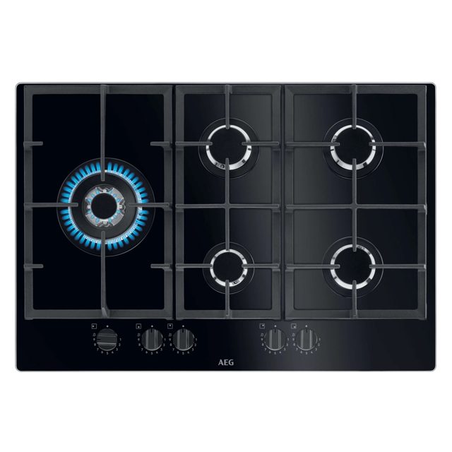AEG Series 6000 74cm 5 Burner Gas On Glass Hob HKB75820NB Black