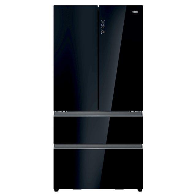 Haier Series 7 French Style Fridge Freezer With Ice Maker Non Plumbed HFR79F19DFGB Black Glass