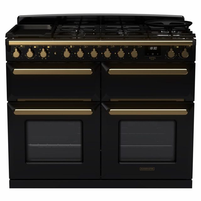 Rangemaster Estel Deluxe BC 110cm Dual Fuel Range Cooker With Antique Brass Trim 18144 ESDLB110DFPGBL/AB1 Black