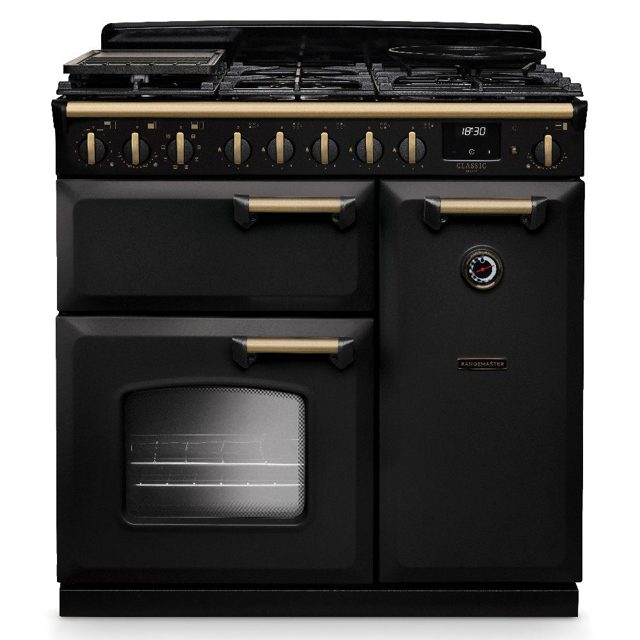 Rangemaster Classic Deluxe 90cm Dual Fuel Range Cooker Antique Brass Trim 18256 CLDL90DFPCBL/AB1 Charcoal Black