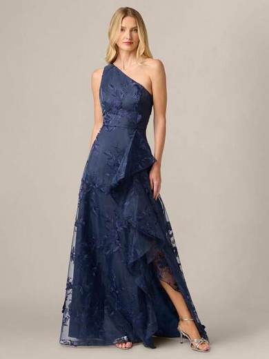 Adrianna Papell Floral Embroidered Ruffle Gown, Navy