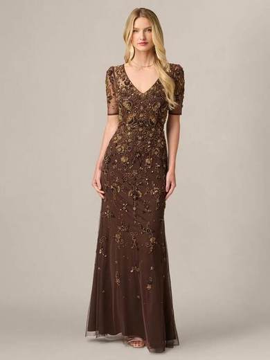 Adrianna Papell Petite Beaded Mesh Maxi Dress, Chocolate