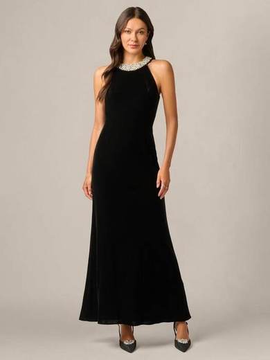 Adrianna Papell Petite Studio Beaded Halter Velvet Gown, Black