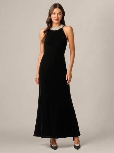 Adrianna Papell Studio Beaded Halter Velvet Gown, Black