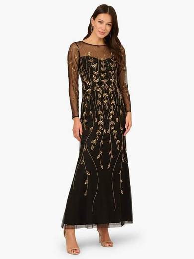 Adrianna Papell Studio Long Sleeve Beaded Mermaid Maxi Dress, Black/Gold