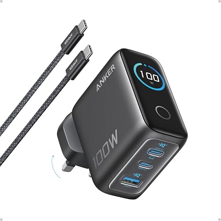Anker 100W 3-Port GaN Charger with Cable, Dark Grey