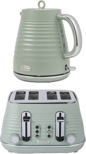 Salter Ripple Sage Toaster & Kettle Set – 4-Slice 1630W Toaster, 6 Browning Levels, Defrost/Reheat/Cancel, 1.7L Rapid Boil Kettle with Removable Limescale Filter, Auto Shut-Off, Textured Design