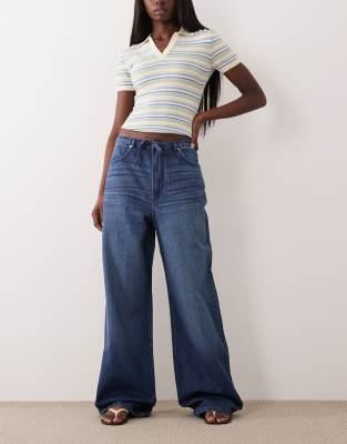 ASOS DESIGN pull on wide leg jean in mid wash blue
