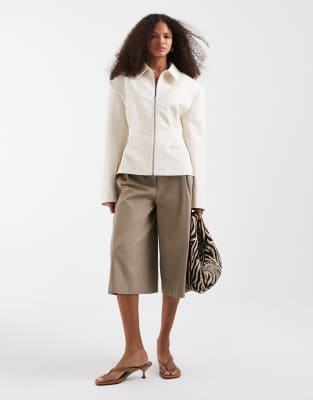 ASOS DESIGN tailored cinch waist zip through jacket in ivory