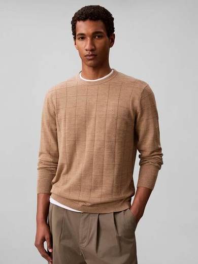 Calvin Klein Merino Wool Textured Check Jumper, Brown Mid