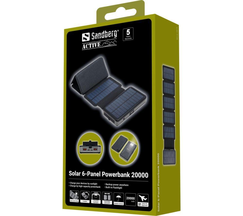 SANDBERG 20000 mAh Portable 6-Panel Solar Power Bank - Black, Black