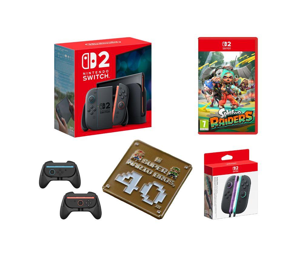 Nintendo Switch 2, SWITCH 2 Splatoon Raiders, Switch Joy-Con 2 Wireless Controller Pair, NS2 Joy-Con 2 Grips & Super Mario Bros 40th Anniversary Keychain Bundle, Black