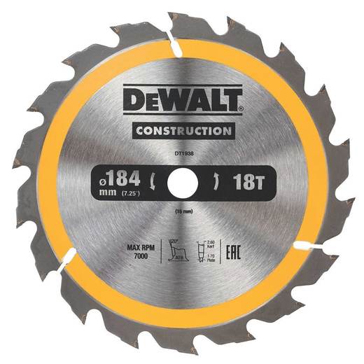 DEWALT Hardwood Construction Circular Saw Blade 184mm x 16mm 18T