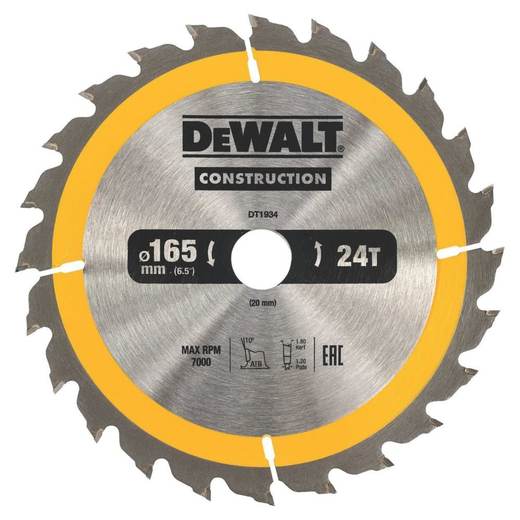 DEWALT Wood Construction Circular Saw Blade 165mm x 20mm 24T
