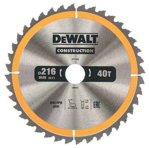 DEWALT Wood/Nails TCT Circular Saw Blade 216mm x 30mm 40T