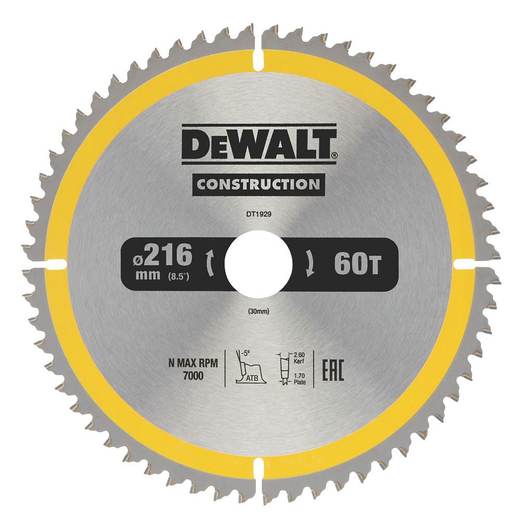 DEWALT Wood TCT Saw Blade 216mm x 30mm 60T