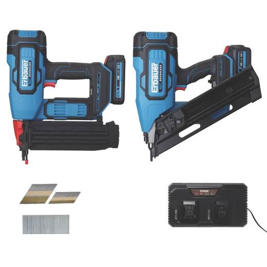 Erbauer 18V 2 x 2.0 and 5.0Ah Li-Ion EXT Brushless Cordless Twin Pack Nailer Kit