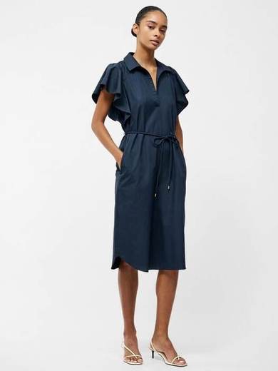 French Connection Cambria Cotton Belted Dress, Navy, XS