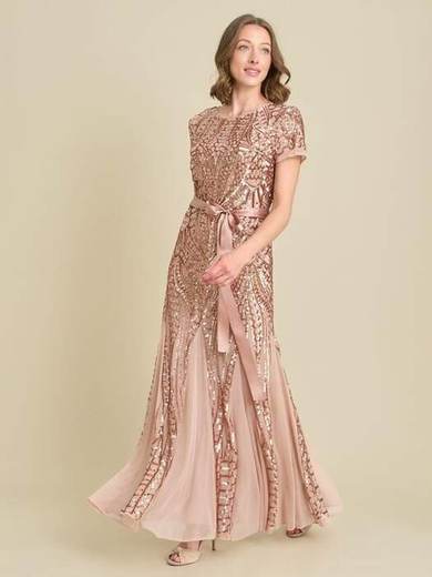 Gina Bacconi Embellished Pleated Maxi Dress, Rose Gold