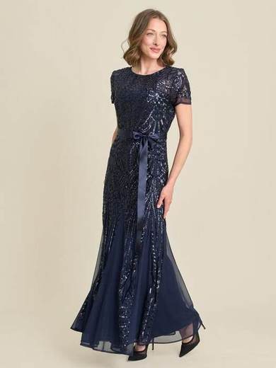 Gina Bacconi Monique Embroidered Sequin Godet Maxi Dress, Navy