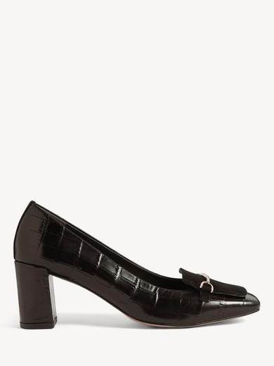 Hobbs Jaida Leather Croc Effect Block Heel Courts, Black