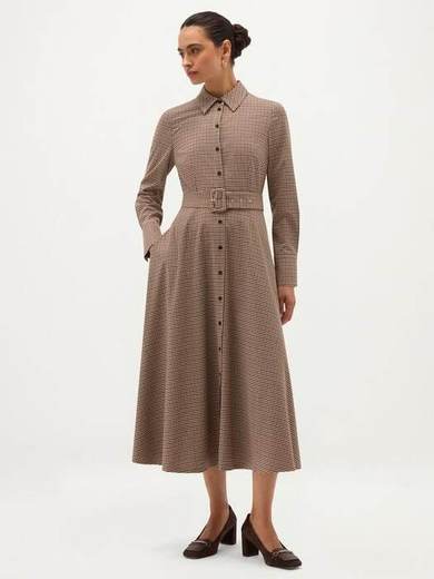 Hobbs Maura Checked Belted Shirt Dress, Beige