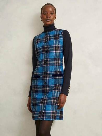 Hobbs Petite Joella Check Wool Shift Dress, Blue/Multi