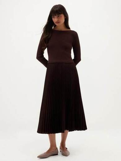 Hobbs Petite Lucinda Knitted Pleated Dress, Brown