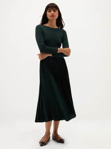 Hobbs Petite Lucinda Knitted Pleated Dress, Dark Fir Green