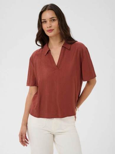 KAFFE Kaemily Short Sleeve Open Collar Blouse, Henna