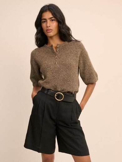 Nobody's Child Henley Short Sleeve Button Neck Knit Top, Brown