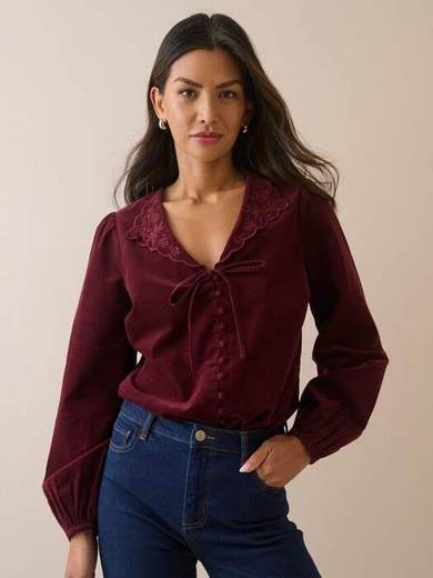 Nobody's Child Isla Tie Neck Cotton Corduroy Blouse, Red