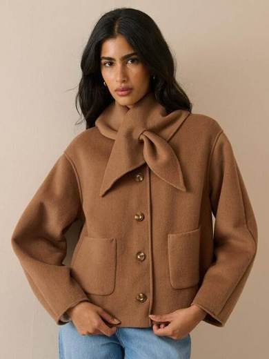 Nobody's Child Tie Neck Wool Blend Jacket, Beige