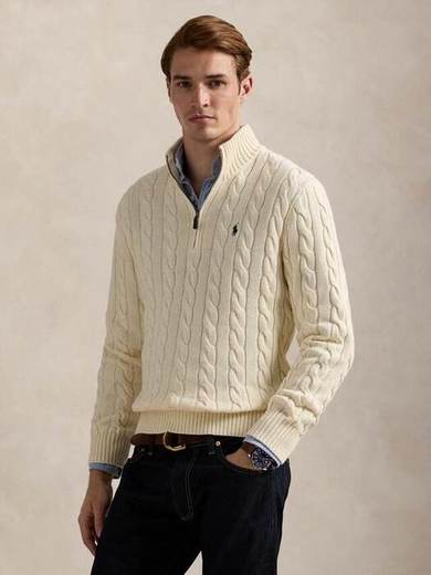 Ralph Lauren Polo Ralph Lauren Chunky Cable Knit Quarter Zip Cotton Sweater, Moss Agate Combo