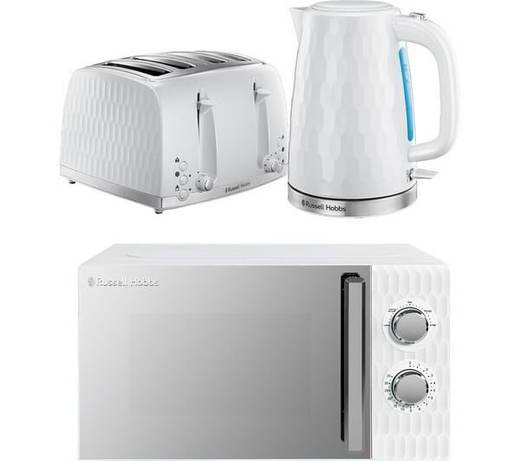 RUSSELL HOBBS Honeycomb Solo Microwave, Jug Kettle & 4-slice Toaster Bundle - White