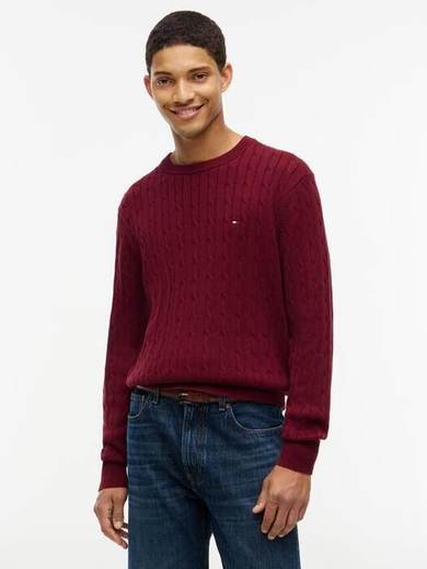 Tommy Hilfiger Cable Knit Crew Neck Cotton Jumper, Dark Red