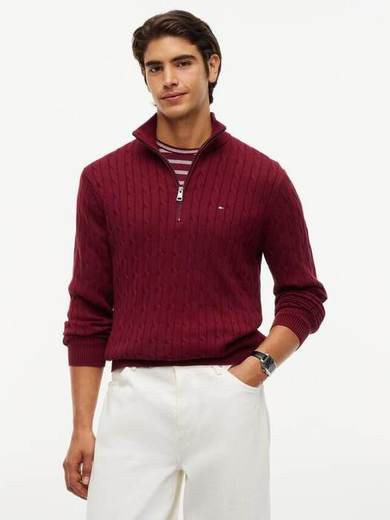 Tommy Hilfiger Cable Knit Half Zip Cotton Jumper, Dark Red