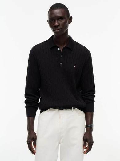 Tommy Hilfiger Cable Knit Long Sleeve Cotton Polo Shirt, Black