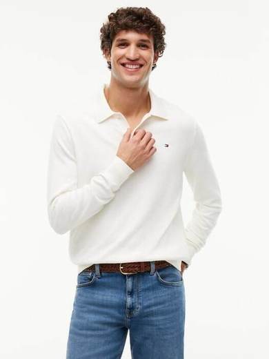 Tommy Hilfiger Long Sleeve Cotton Cashmere Blend Polo Shirt, Natural Ivory