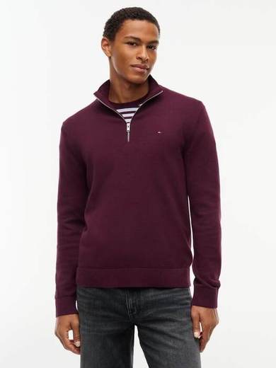 Tommy Hilfiger Tommy Jeans Slim Fit Cotton Zip-Neck Jumper, Red
