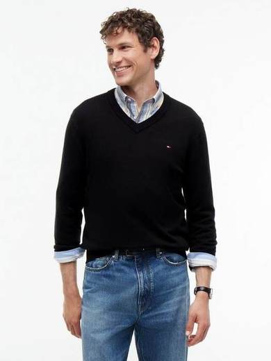 Tommy Hilfiger V Neck Cotton Cashmere Blend Jumper,, Black