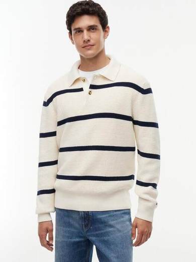Tommy Hilfiger Waffle Knit Cotton Jumper, Cream/Navy