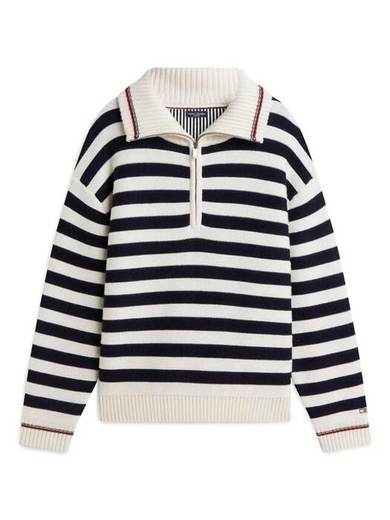 Tommy Hilfiger Wool Blend Stripe Quarter Zip Jumper, White/Multi